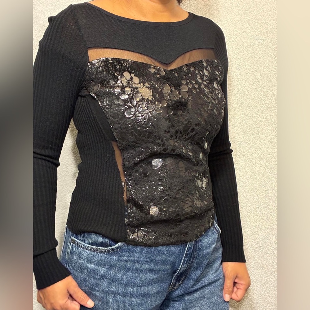 SENSO Black Sequin Lace Long Sleeve Top made Italy